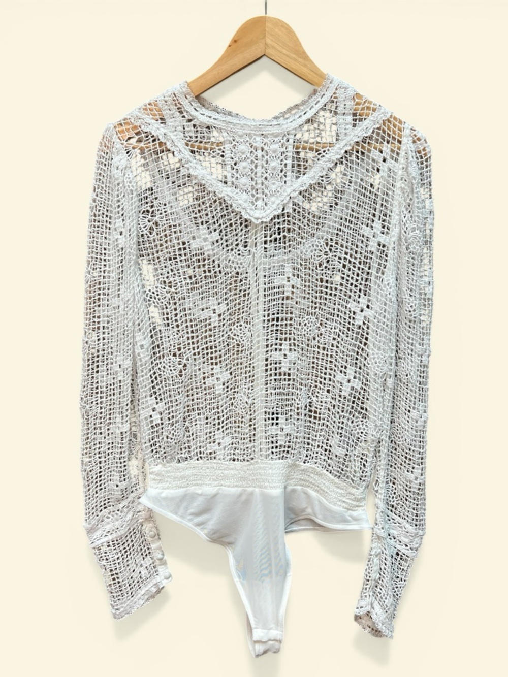 Free People Intimately 70s style Crochet Long-Sleeve Sheer Bodysuit - Picture 4 of 11